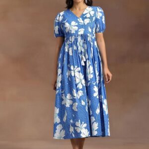 Floral Print Puff Sleeve Fit & Flare Midi Dress