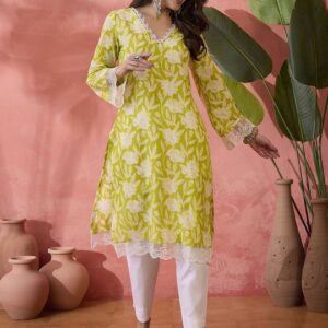 Black Floral Printed V-Neck Thread Work Pure Cotton Straight Kurta